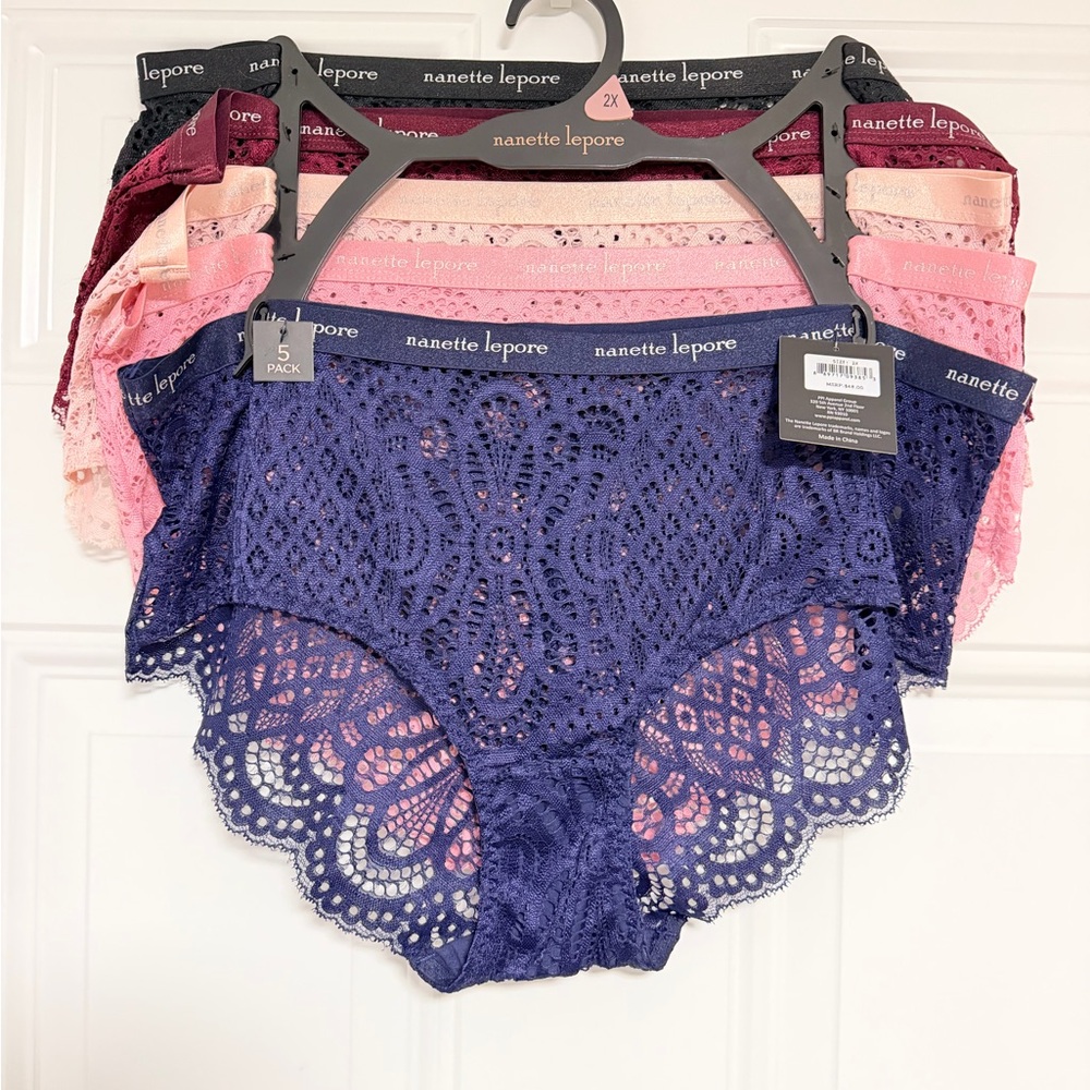 Nanette Lepore Lace Bikini Briefs in Navy, Blush & Rose Tones - 5-Pack